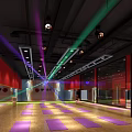 Spacious Fitness Studio With Purple Yoga Mats Modern Lighting And Wall Mirrors