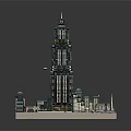 Cartoon City Scene With Tall Skyscraper Surrounding Buildings Water Area And Green Spaces