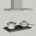 Modern Stainless Steel Kitchen Appliances With Gas Stove Range Hood And Cooking Pots