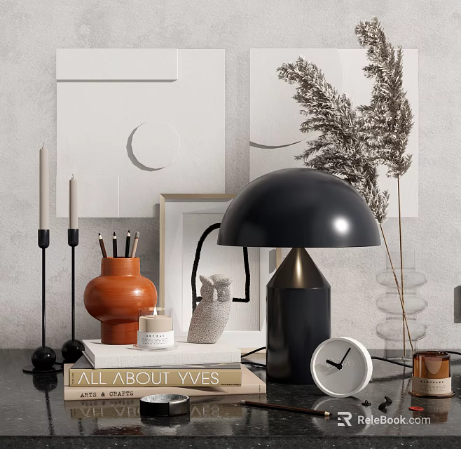 Modern Decorative Ornament Set With Table Lamp Clock Candles Dried Pampas And Terracotta Pot 3d model 