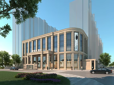 Modern Office Building Exterior With Glass Curtain Wall Façade Landscaping Trees Pedestrians And Cars 3d model