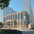 Modern Office Building Exterior With Glass Curtain Wall Façade Landscaping Trees Pedestrians And Cars