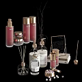 Stylish Bathroom Accessories Featuring Aromatherapy Lotion Bottles Candles Trays And Decorative Branches