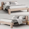 Modern Beige Double Bed with White Sheets Gray Pillows Blanket and Small Side Table 3d model