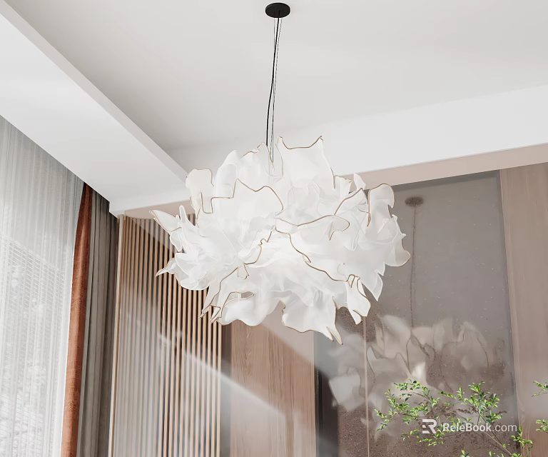 Elegant Modern White Petal Shaped Chandelier In Interior Space With Wooden Accents And Natural Light 3d model 
