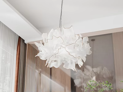 Elegant Modern White Petal Shaped Chandelier In Interior Space With Wooden Accents And Natural Light 3d model