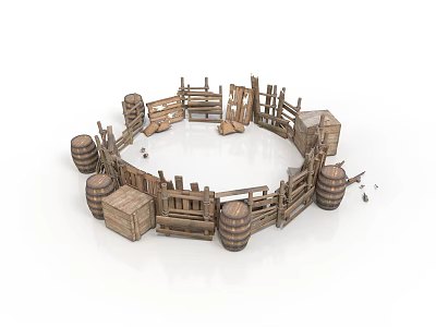 Rustic Circular Wooden Fence Design With Barrels And Crates Decorations 3d model
