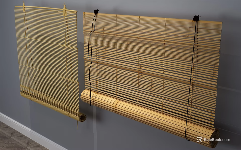 Natural Bamboo Blinds Unfolded and Rolled Up on Gray Wall Interior 3d model