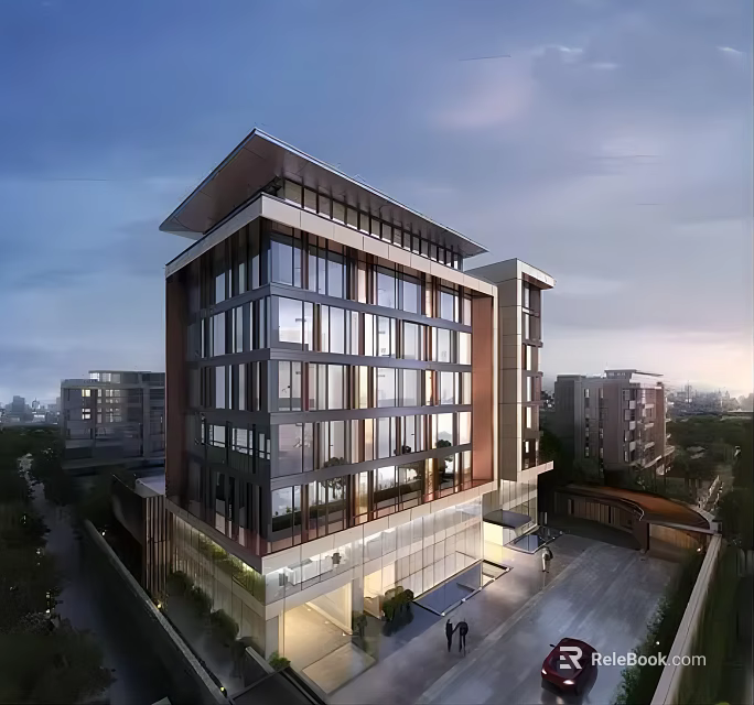 Modern Hotel Building Featuring Glass Facade Multi Storey Structure and Evening Illumination 3d model 