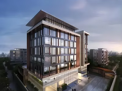 Modern Hotel Building Featuring Glass Facade Multi Storey Structure and Evening Illumination 3d model