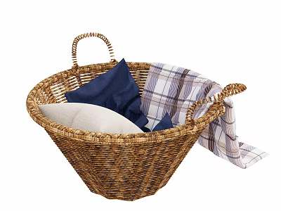 Stylish Wicker Storage Basket with Handles Holding Plaid Blanket and Pillows 3d model