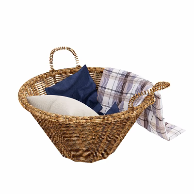 Stylish Wicker Storage Basket with Handles Holding Plaid Blanket and Pillows 3d model