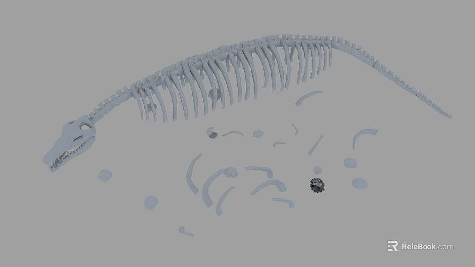 Detailed Dinosaur Skeleton 3D Model With Scattered Bones And Bone Fragments 3d model 