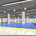 Indoor Boxing Gym Training Area With Ring And Sparring Athletes On Blue Mat Floor