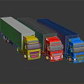 Colorful Cargo Trucks Yellow Red Blue Parked Together With Trailers On Reflective Surface