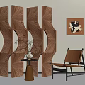 Wooden Room Divider with Geometric Fan Shaped Panels Brown Leather Chair and Abstract Wall Art