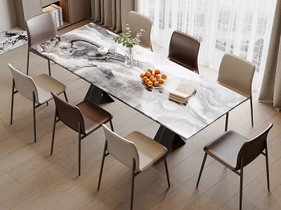 Modern Dining Table Set With Marble Tabletop Chairs Fruits Green Plant And Books 3d model