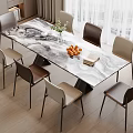 Modern Dining Table Set With Marble Tabletop Chairs Fruits Green Plant And Books
