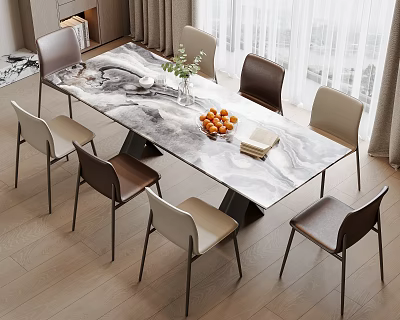 Modern Dining Table Set With Marble Tabletop Chairs Fruits Green Plant And Books 3d model