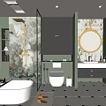 Modern Bathroom Interior Design With White Bathtub Shower Area Dark Cabinets And Round Mirror