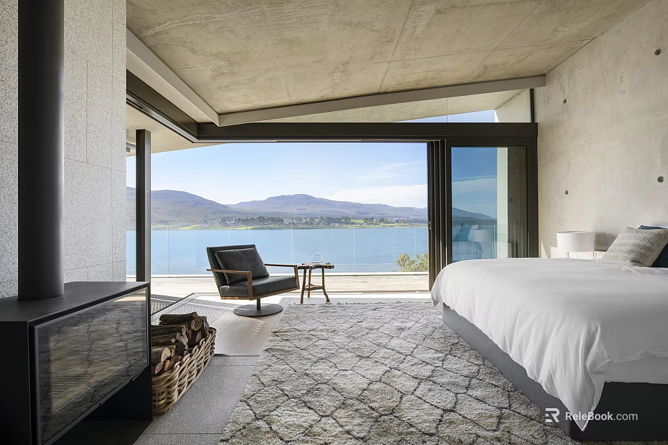 Modern Hotel Room With Lake And Mountain View Fireplace Armchair And Area Rug 3d model 