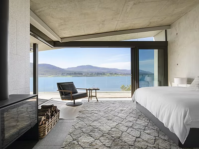 Modern Hotel Room With Lake And Mountain View Fireplace Armchair And Area Rug 3d model