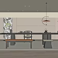 Modern Tea Room Interior With Long Wooden Table Chairs Bench And Hanging Lamp