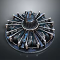 Intricate Metallic Mechanical Device With Circular Central Structure And Surrounding Radial Vanes