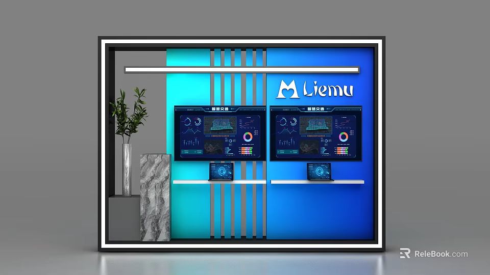Liemu Commercial Display Equipment With Digital Screens Data Visualization And Green Plant Marble Accents 3d model 