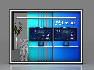 Liemu Commercial Display Equipment With Digital Screens Data Visualization And Green Plant Marble Accents 3d model
