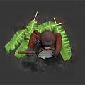 Cartoon Monkey Game Movie Character in Red Overalls Sitting with Banjo on Green Leaves