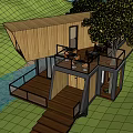 Elevated Modern Detached Villa With Wooden Structure Glass Walls And Terrace Surrounded By Trees
