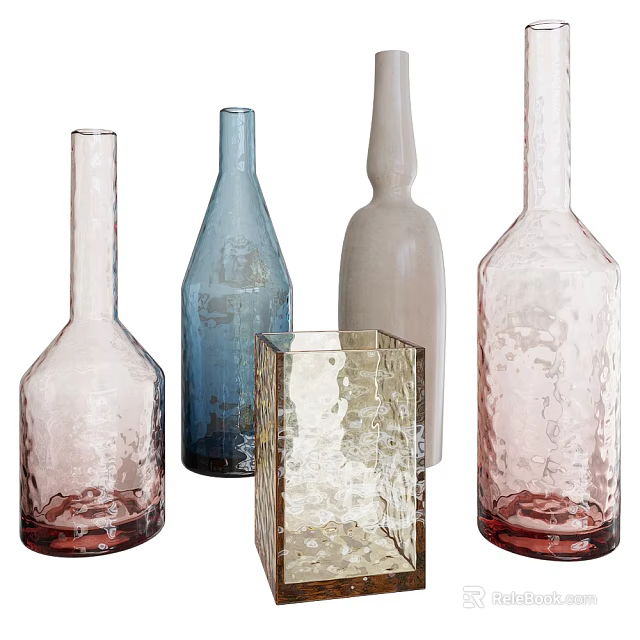Beautiful Decorative Glass Vases With Textured Surfaces In Various Colors And Shapes 3d model 
