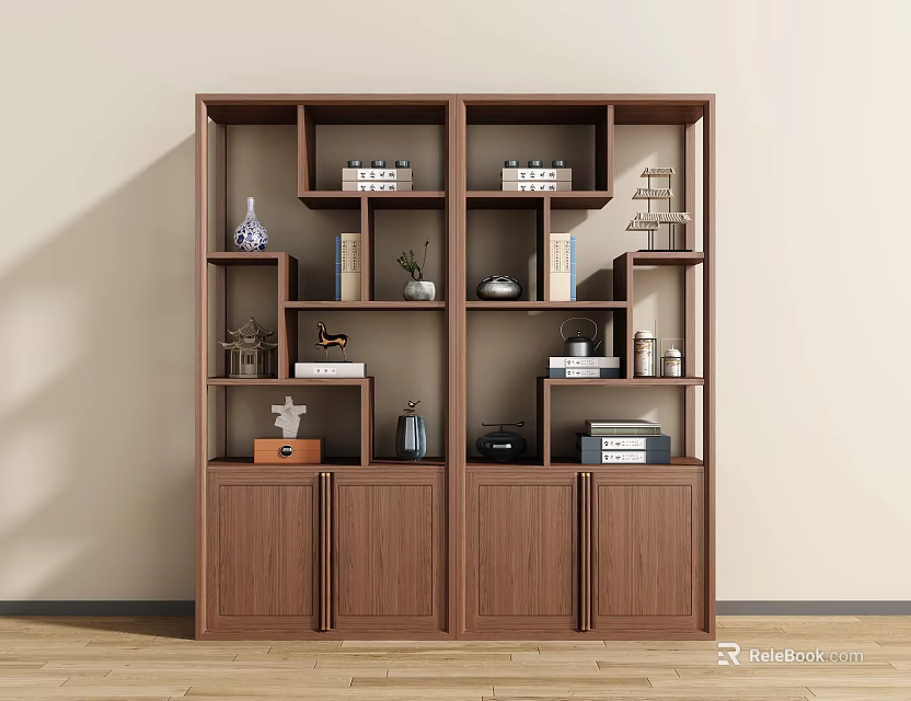 Modern Wooden Display Shelf with Multiple Compartments Books Vase and Decorative Items 3d model 