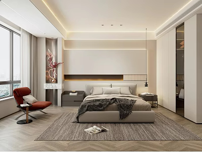 Modern Bedroom Interior With King Size Bed Red Accent Chair Floor to Ceiling Window 3d model