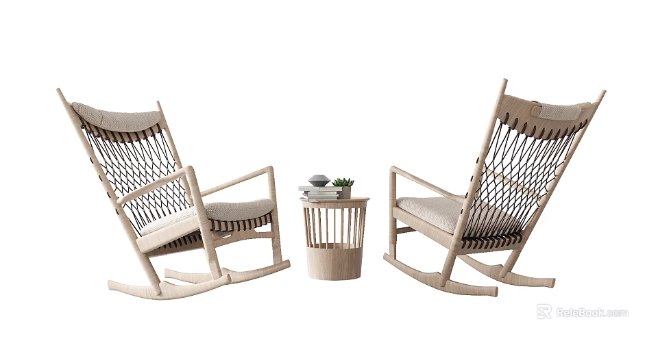 Wooden Rocking Chairs and Small Side Table With Woven Details for Living Room Decor 3d model 