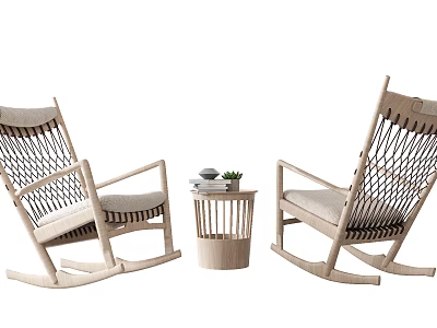 Wooden Rocking Chairs and Small Side Table With Woven Details for Living Room Decor 3d model