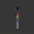 Mechanical Weapon with Metal Components Red Black Color Scheme Mounted on Wooden Stand