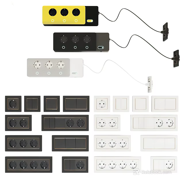Stylish Black And White Switch Panels With Sockets And Various Designs For Home Use 3d model 