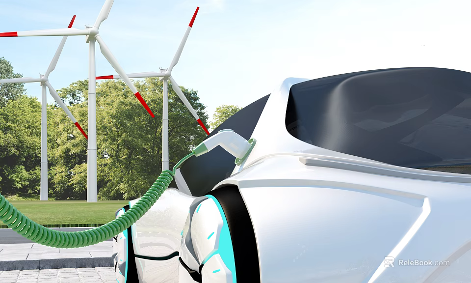 Electric Car Charging Near Wind Turbines 3d model 