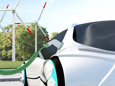 Electric Car Charging Near Wind Turbines 3d model