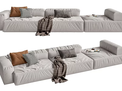 Modern Light Gray Sectional Sofa With Brown Checkered Pillows Knitted Throw Blanket And Magazines 3d model