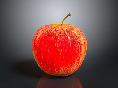 Fresh Shiny Red Apple With Yellow Stripes On Dark Reflective Surface 3d model