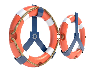 Orange and White Striped Commercial Safety Life Rings with Blue Brackets and Ropes 3d model