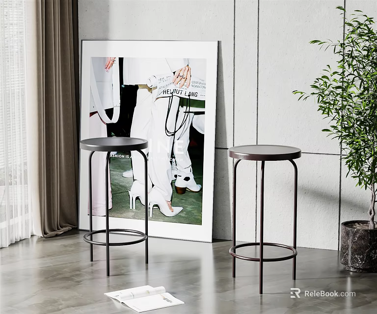 Modern Bar Stools With Metal Frames In Minimalist Interior With Artwork And Green Plant 3d model 