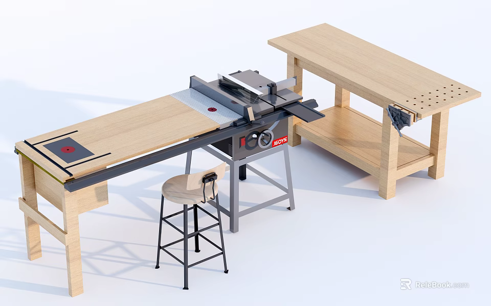 Practical Wooden Workbench Table and Stool Set with Metal Frame and Storage Shelf 3d model