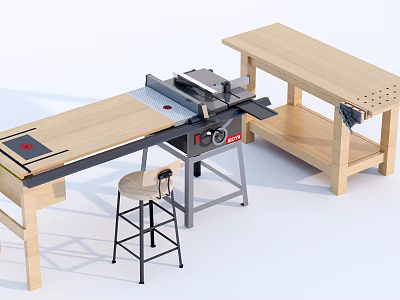 Practical Wooden Workbench Table and Stool Set with Metal Frame and Storage Shelf 3d model
