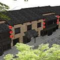 Traditional Chinese Homestay Building With Earthen Walls Black Tiled Roofs And Red Lanterns