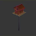 Wooden Birdhouse With Red Roof And Platform Base On Wooden Pole