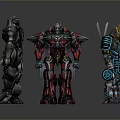 Three Colorful Mechanical Robots Red Gray Teal With Detailed Armor And Weapon
